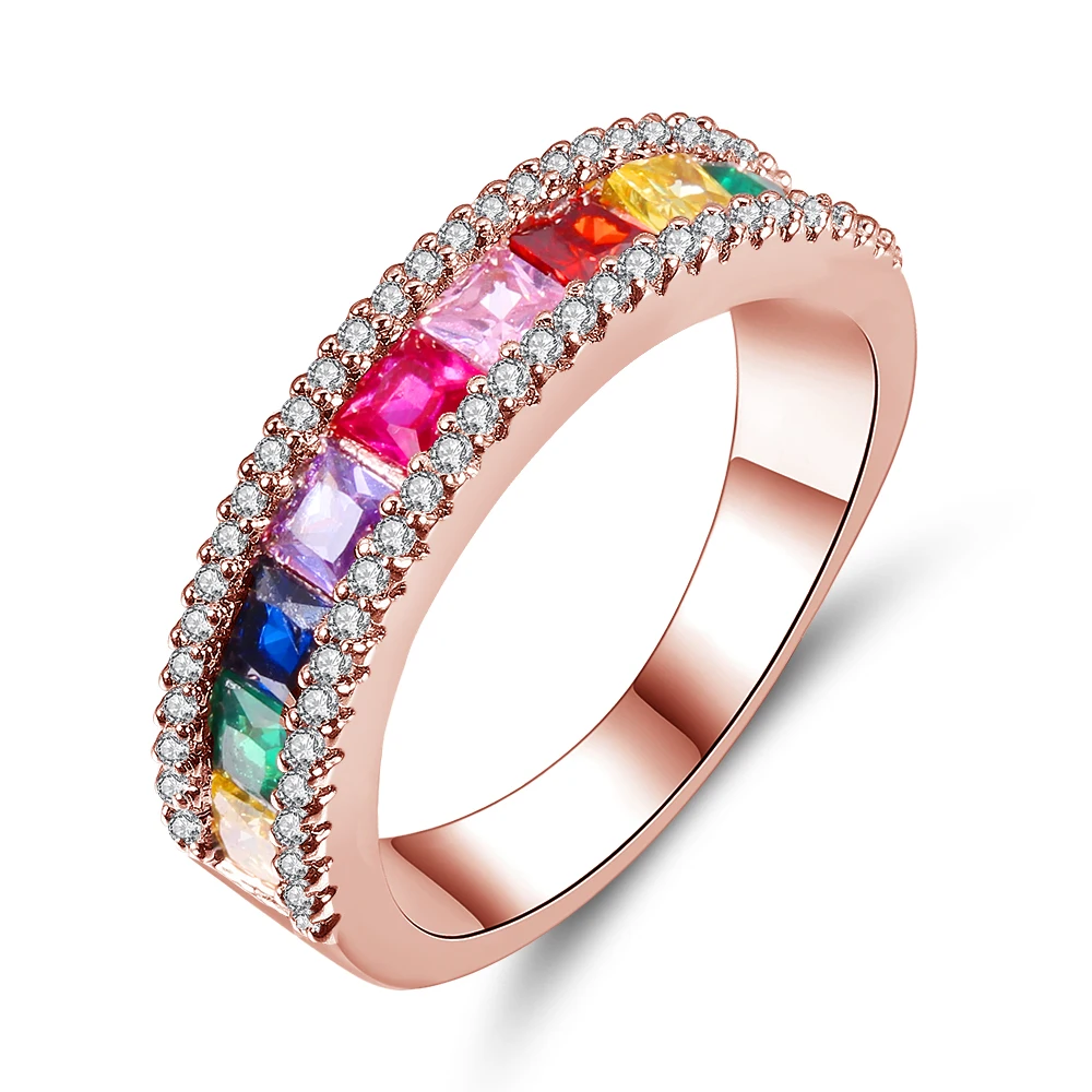 

HPXmas Hot Selling Fashion Rose Gold Crystal Rings Elegant With Multicolor CZ Zircon Engagement Party Rings For Women