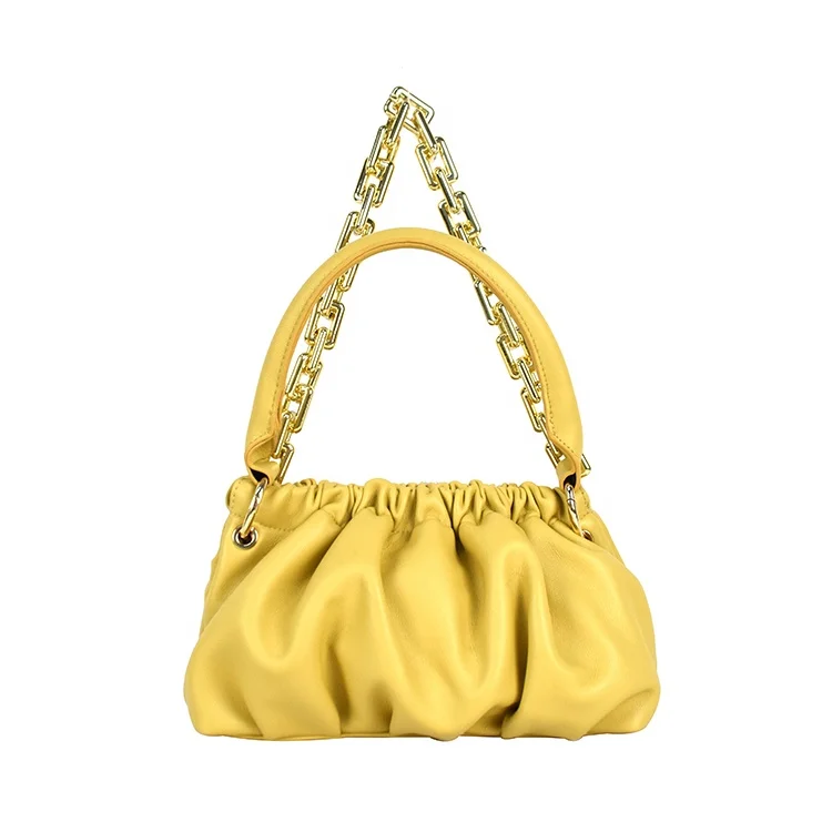 

Trendy Women Pleated Shoulder Underarm Bag Casual Ladies Solid Color with chain Hobos Purse Handbags, Yellow