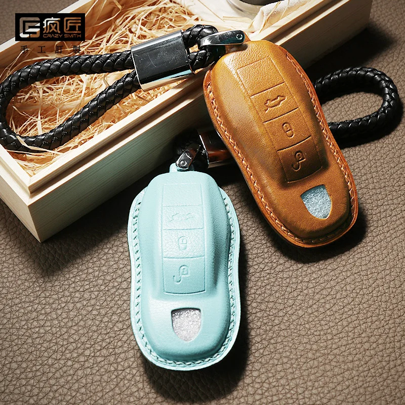 

2021 NEW High Grade Craft Handmade Vegether tanned Genuine Leather Smart Car Key Cover Case Holder for Porsche, 17 color available