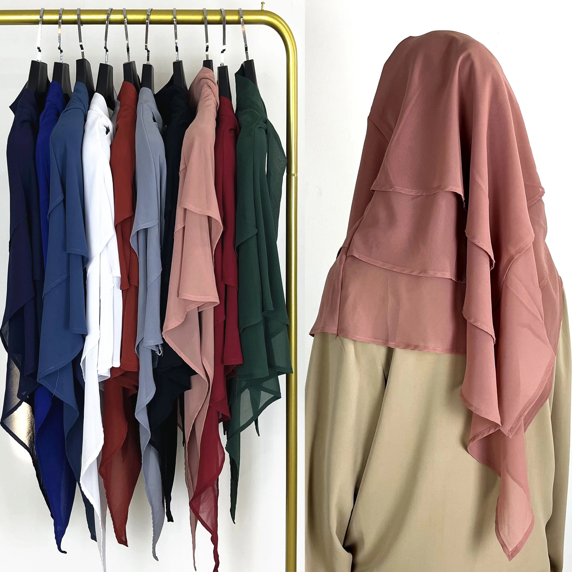 

EID Ramadan Traditional Muslim Three Layer Full Cover Breathable Chiffon Women Islamic Prayer Long Niqab Khimar Hijab Soie De M