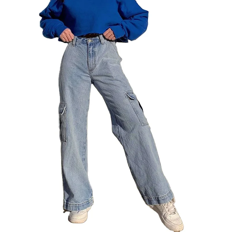 

Pockets Patchwork High Waist Jeans Women Straight Jean Blue Cotton Cargo Pants
