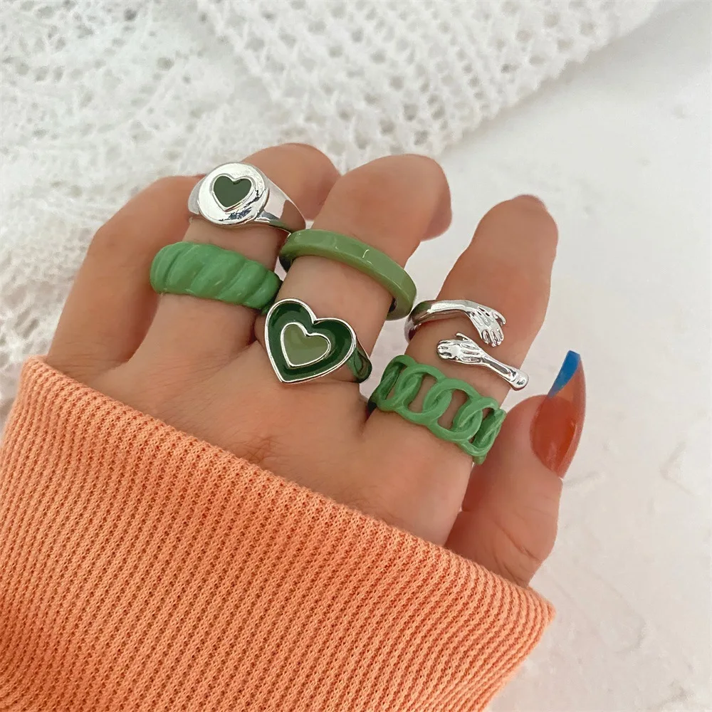 

6Pcs Creative New Vintage Bohemian Stackable Joint Finger Ring Silver Spring Candy Green Color Heart Hug Rings Set for Women