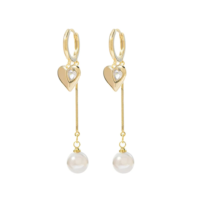 ED65387  Wholesale Korean  Long Tassel Pearl Heart fashion drop Earrings  Gold Plated Women Jewelry