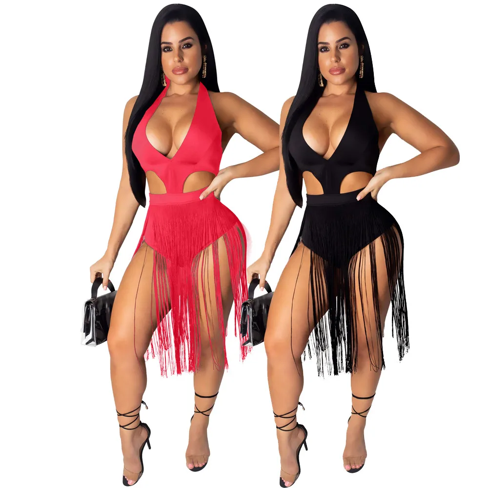 

Sexy V-Neck Dress Night Club Tassel Hollowed Out Bodycon Mini Dress Women