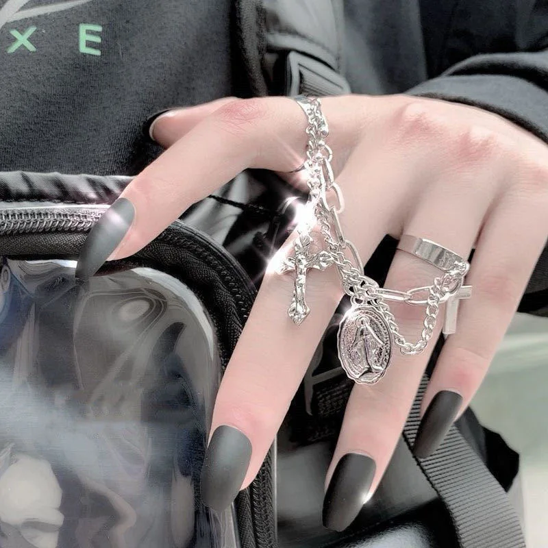 

Best Selling Fashion Exaggerated Punk Ring Bungee Chain Combination Open Cross Female Dark Alloy Ring Index Finger Ring, Picture shows