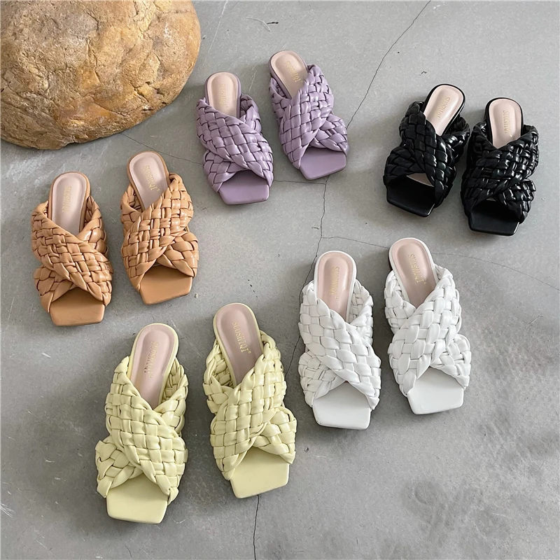 

New Colors Handmade Woven Braid Sandalias De Mujer 2021 Fashion Slide Slip on Flat Women's Sandals, Nude, purple,yellow, white, black