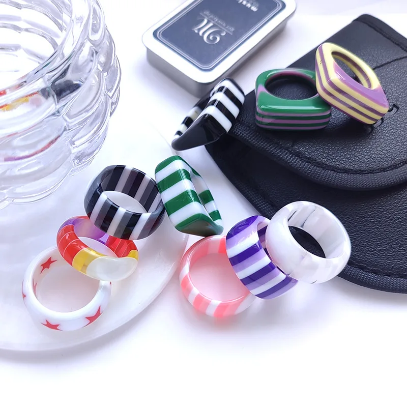

JUHU 2021 horizontal vertical stripes multicolor gradation ring stitching macaron square star resin ring tail ring women, Colorful