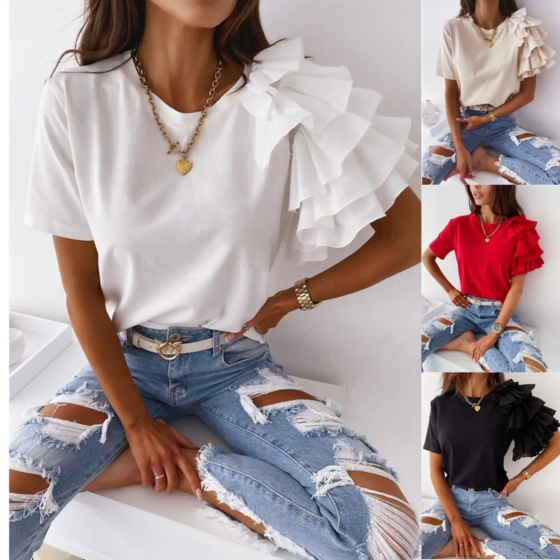 

DLL 2022 summer t shirt fashionable ladies cotton blouse with short sleeve ruffled design round neck tops for women 2021 casual, As picture or customized make