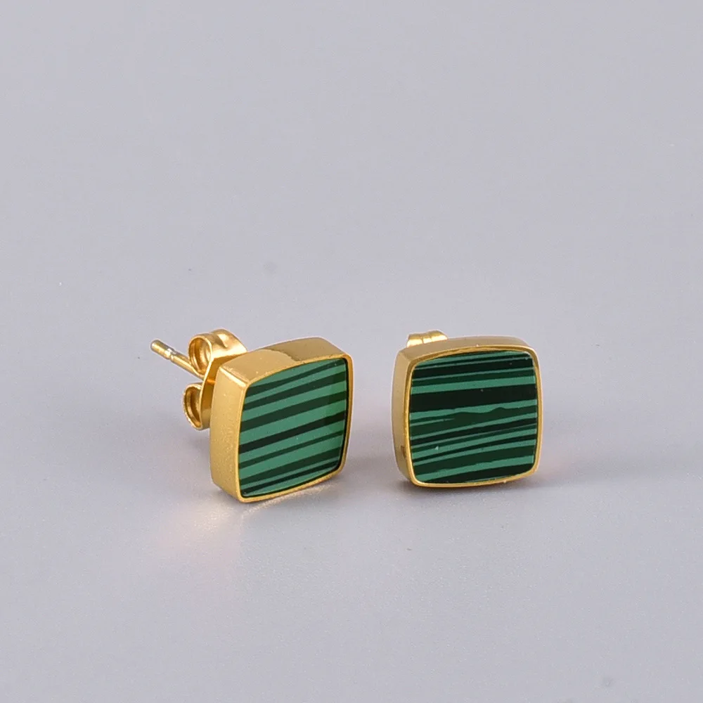 

Little Gold Geometric Square Stone Green Stripe Figure Stud Earrings Stainless Steel Square Malachite Stud Earrings For Girl