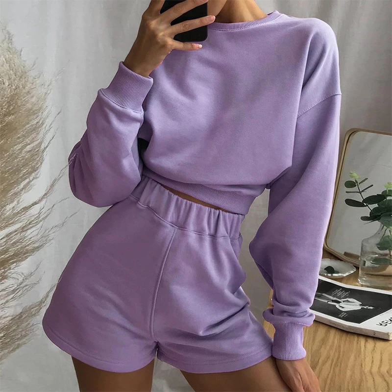 

2021 Custom Women Shorts Sweatshirt Set Cropped Loungewear Crewneck Sweatsuit Sets, Black/purple/beige