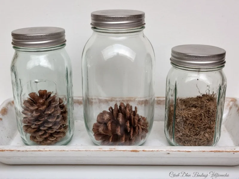 Recycled materials for bird feeders: pine cones, copper wire, glass jars