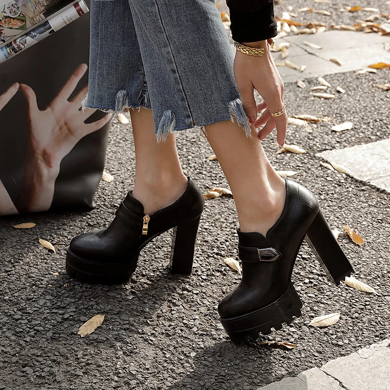 

Lady Waterproof Leather Chunky Heel Side Zip High Platform Shoes, Black,