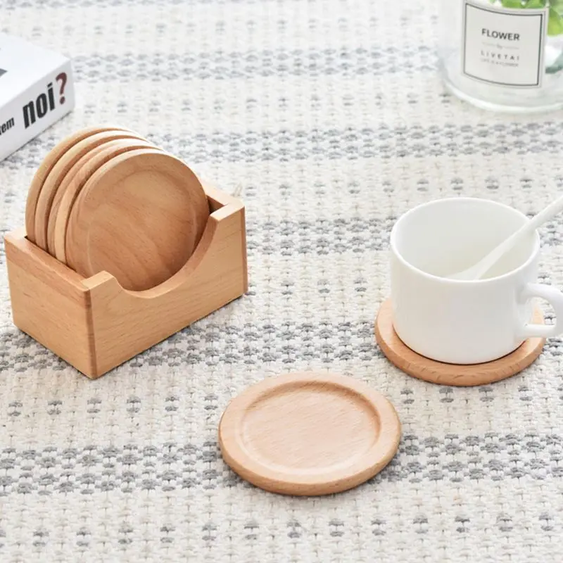 

Home Kitchen Table Housewarming Gift Wooden Drink Coasters Set, Natural color