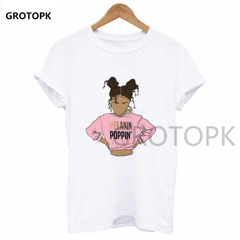 Wholesale Melanin Poppin Female T-shirt Summer Short Sleeve Aesthetic Kawaii Harajuku  Summer  Women New Arrivals White T-Shirts
