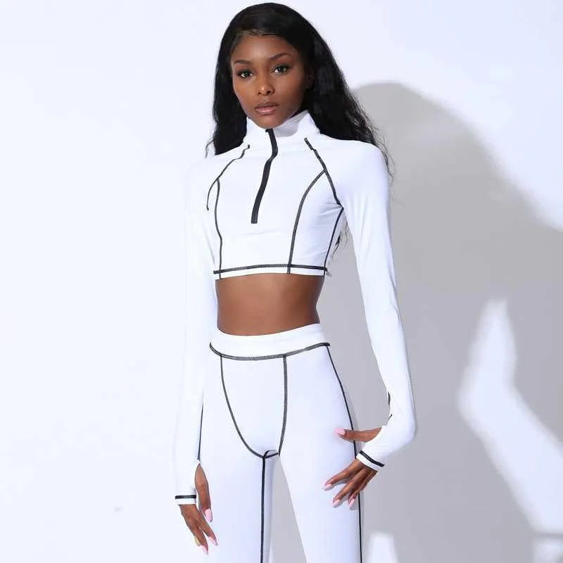 

Womens Workout Zipper Crop Top Leggings Sets Women 2 Piece Set Gym Stripe Line Patchwork Zipper Crop Tops Leggings Set Women, Picture show