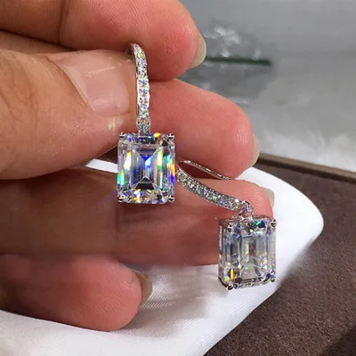 

Luxury Jewelry Shiny Square Cubic Zirconia Clip on Hoop Earrings White Gold Big Diamond Zircon Dangle Earrings For Wedding