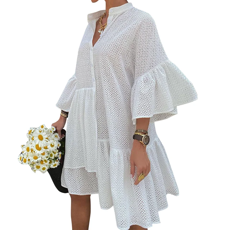 

TWOTWINSTYLE Stand Collar Petal Sleeve Hollow Out Dresses Female Fashion 2021