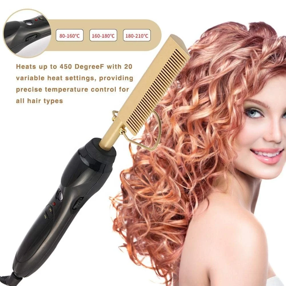 

Custom Private Label Hairdressing Combs Professional Hot Comb Electric Hair Straightener for Curly Hair, Gold