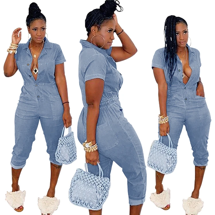 

LXE 2021 Sexy Ladies Summer Jeans Rompers Short Sleeve Street Wear Women Workout Denim One Piece Bodycon Jumpsuits, Customized color