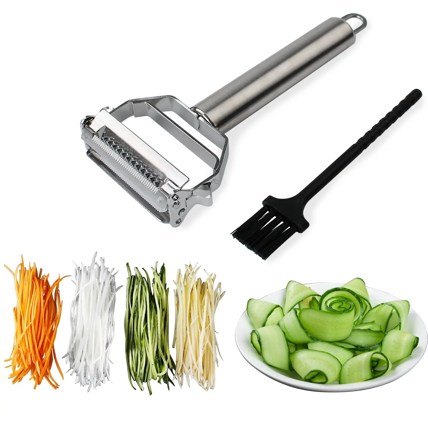 

Julienne Peeler Stainless Steel Cutter Slicer with Cleaning Brush Pro for Carrot Potato Melon Gadget Vegetable Fruit