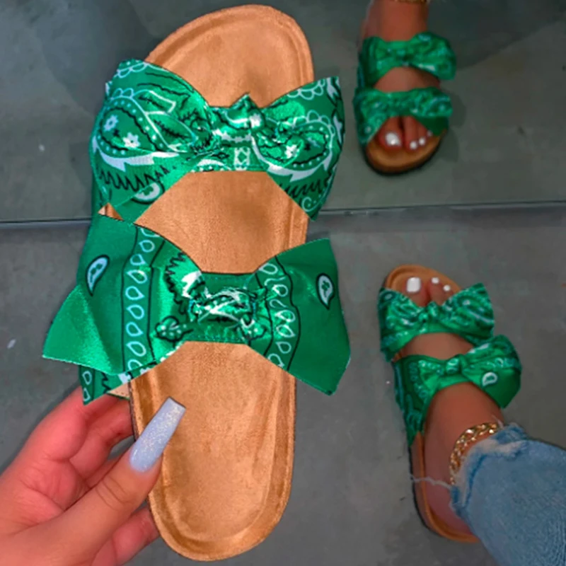 

Hot Sale Silk Cloth Bowknot Sandals Slippers Green Colour Bandana Slides Women