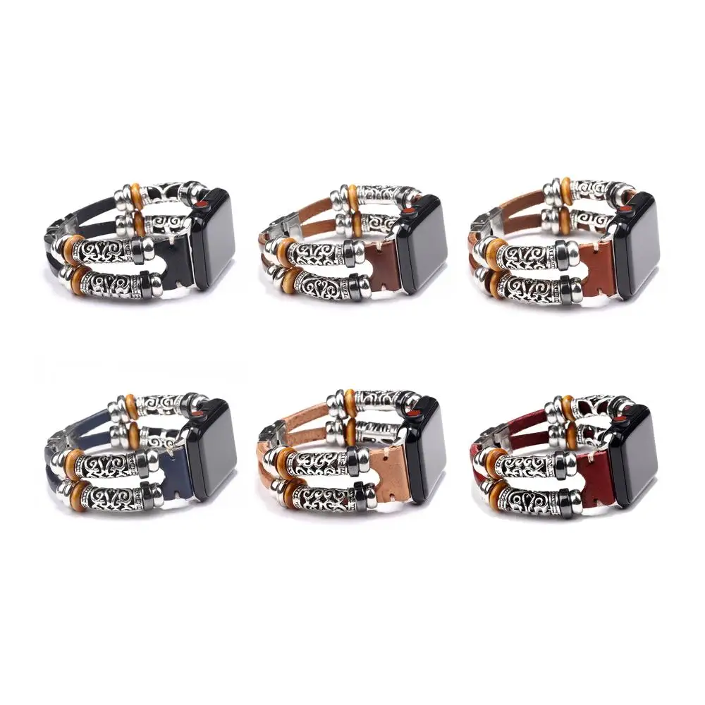 Women Retro Multilayer Metal Tube Wrap Apple Watch Strap Leather Band For Girl