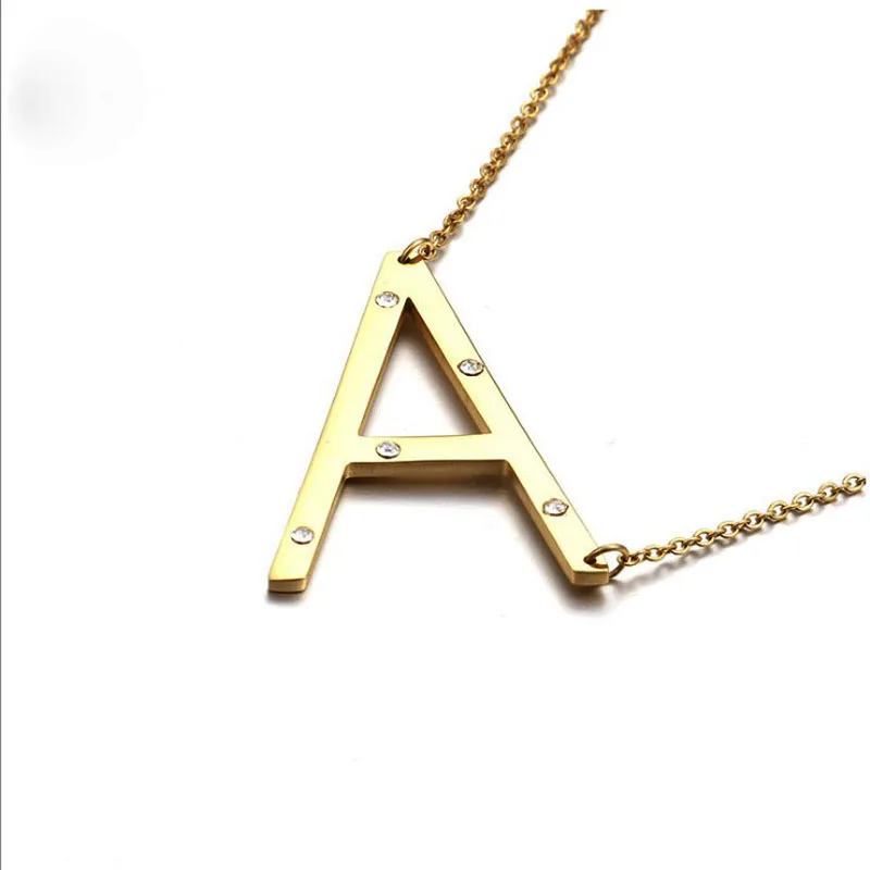

Hot selling gold plated stainless steel CZ diamond sideways letter initial necklace