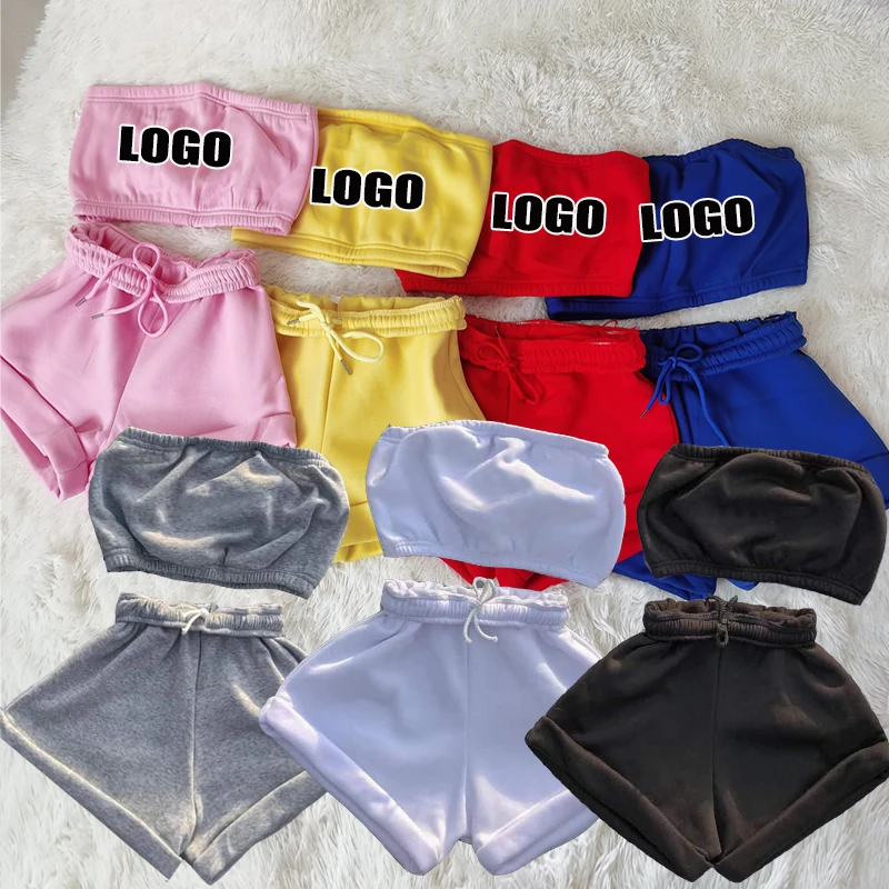 

2021 New Arrivals Embroidery Logo Women Two Pieces Set Chest Wrap Sports Bra Set Crop Top Shorts Sports Set, 7colors