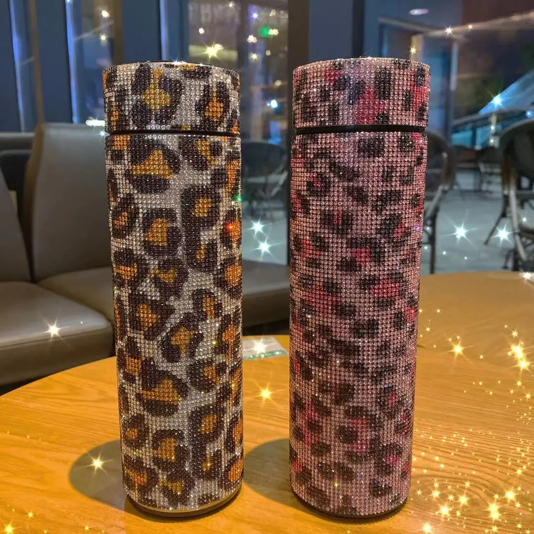 

New Leopard Print Rhinestone LED Temperature Display Stainless Steel Water Bottle Gift Cup for Women and Girls