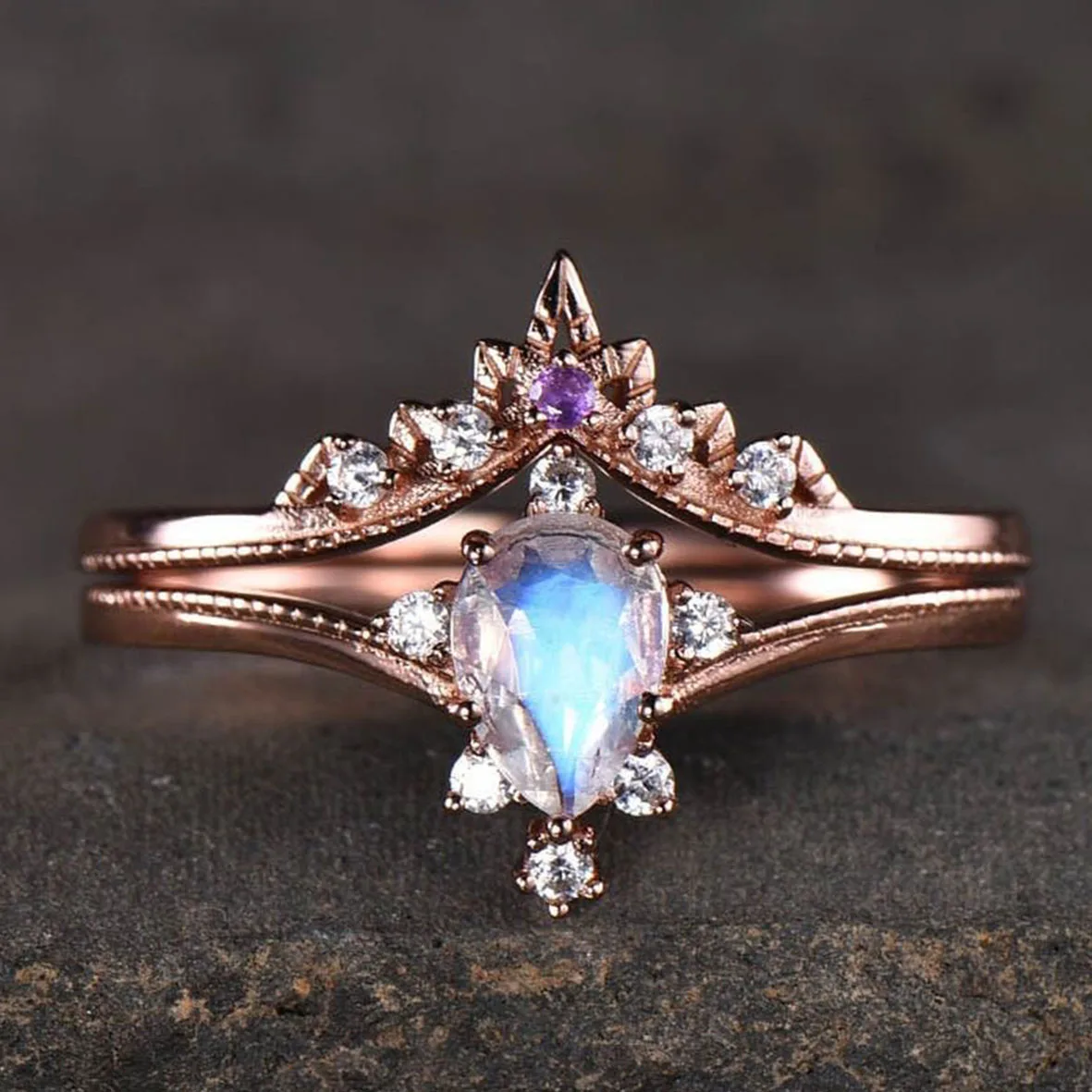 

Hot Selling Rose Gold Rainbow Moonstone Art Deco Bridal Set Diamond And Amethyst