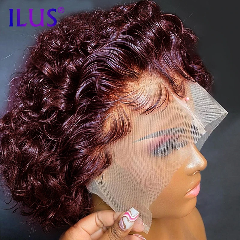 

Pixie Cut Lace Wig Black Women 99J Burgundy Colored Jerry Curly Human Hair Pixie Cut Lace Wigs HD Lace Frontal Bob Wig Baby Hair