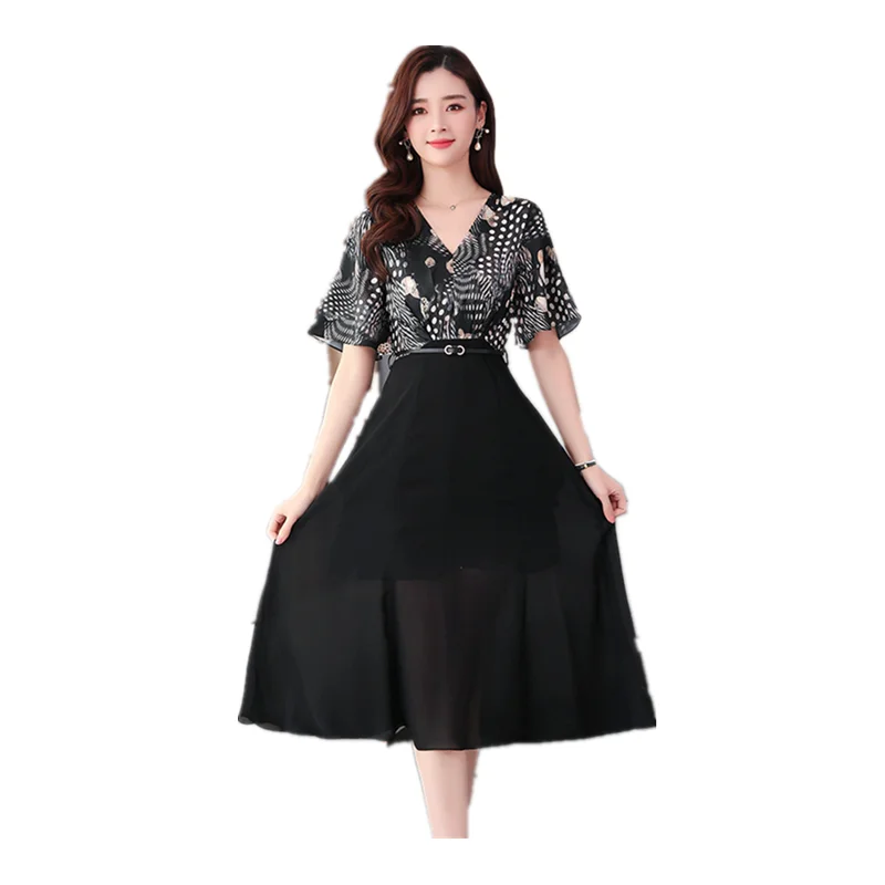 

2021 Vintage Black Dot Print Chiffon Midi Dress Spring Summer Plus Size Print Runway Dress Elegant Women Bodycon Party Dress