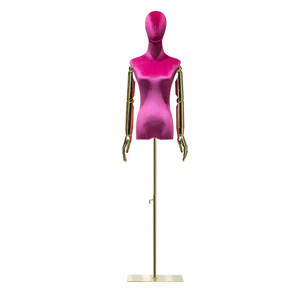 

DE-LIANG Female Rose Red Velvet Mannequin,Normal Quality Women Dress Form Torso,Half Body Model with Plated Golden Arms