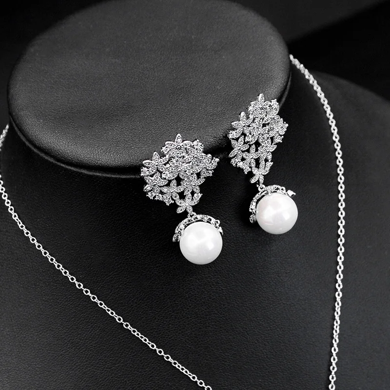 

Luxury Zircon White Round Pearl Jewelry Necklace Earrings Women Minimalist Bride Wedding Engagement Jewelry Set