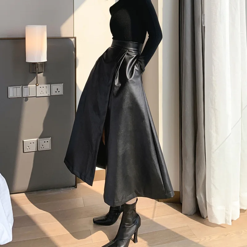 ZYHT 3608 Hot Selling Autumn Winter Split Long Skirt High Waist A Line Black Leather Maxi Skirt