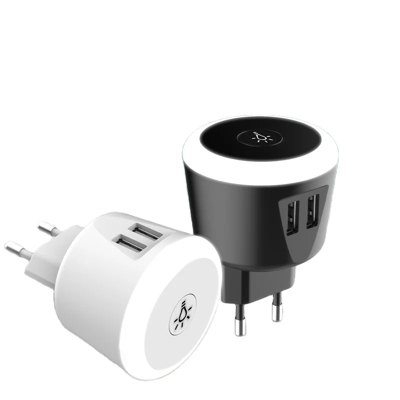 

Wall Charger Mobile Accessories Phone 2USB Port Travel Charger 4.75-5.25V/3.1A with LED night light, Black/white