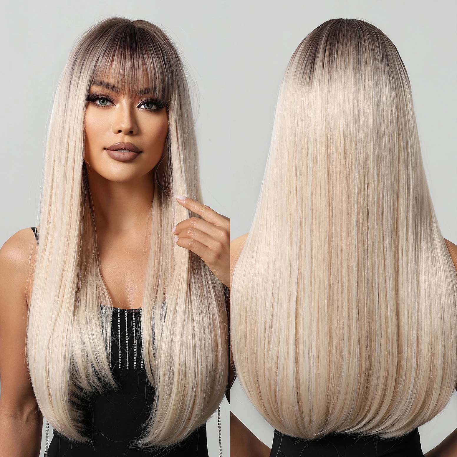 In Stock Long Straight Wig Dark Root Blonde Synthetic Wig High Density Heat Resistant Anti-scald Fiber Durable Matte