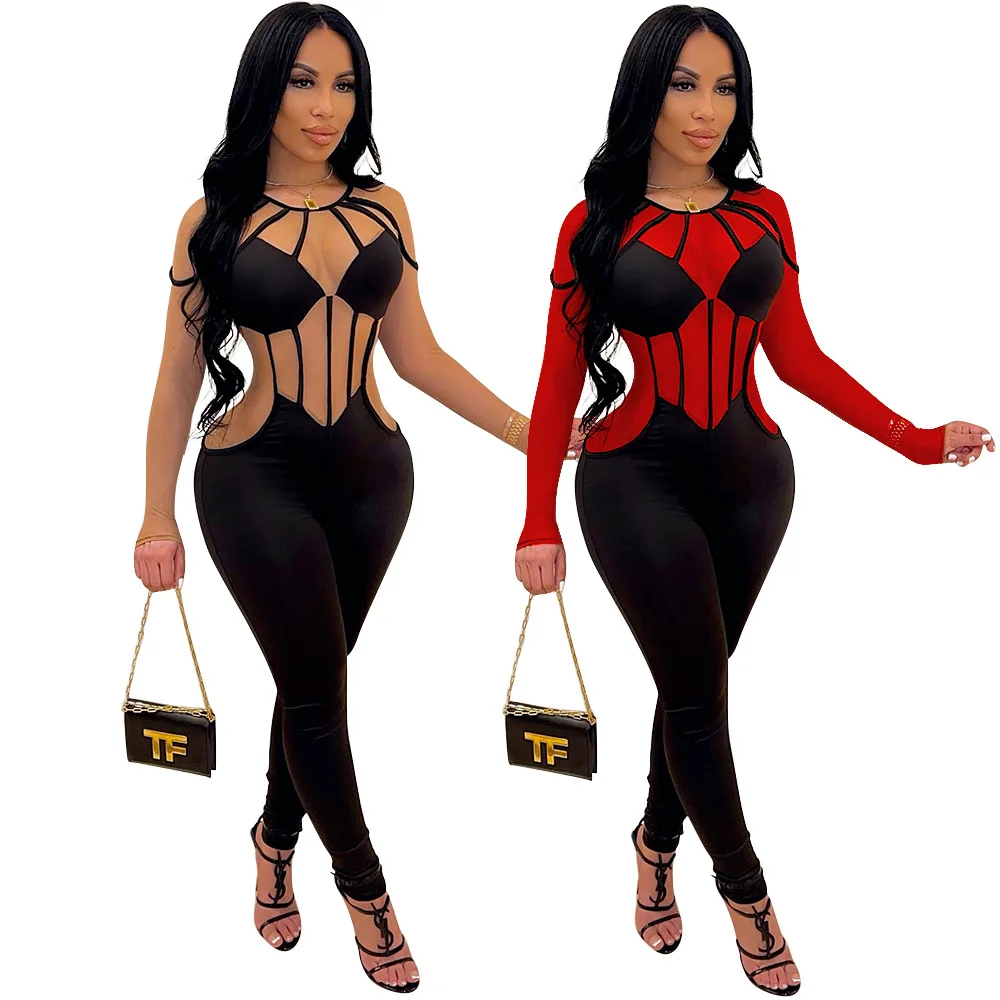 

Fall Night Club Tight Romper For Ladies Sexy Mesh Patchwork Long Sleeved See Through Jumpsuit Women, Picture color