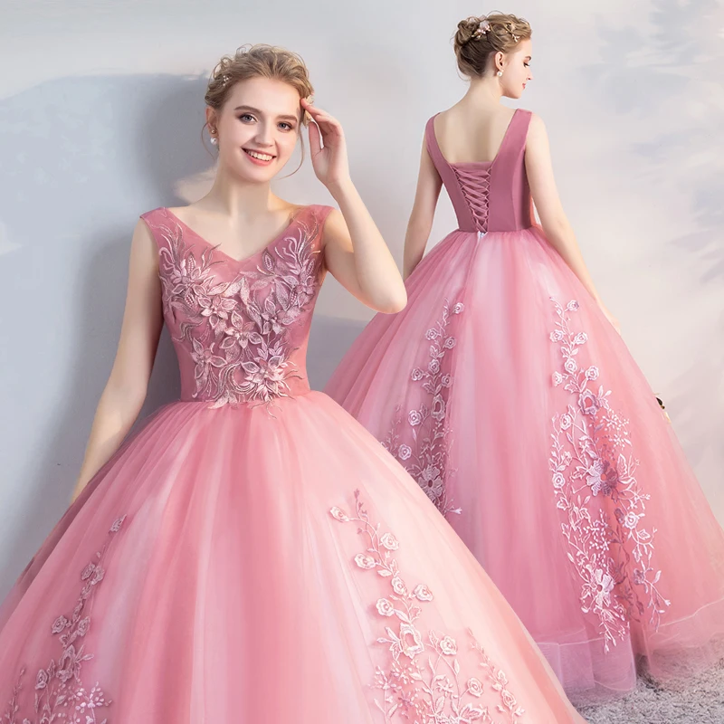 

New Pink Evening Dress Sweet Lace Beading Floor-length V-neck Sleeveless Party Gown Formal Dresses, As shown