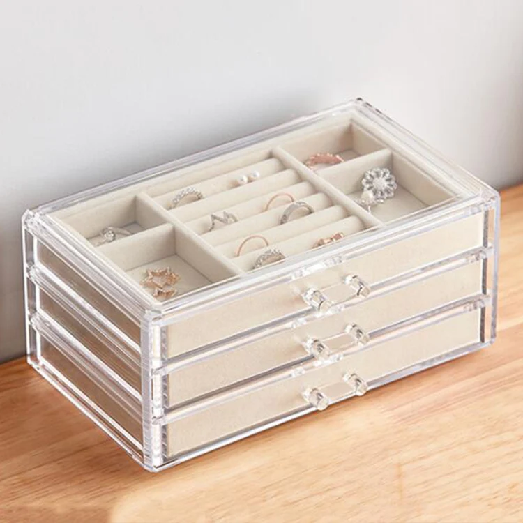 3 Drawers Acrylic Jewelry Box Velvet Jewellery Organizer Earring Rings