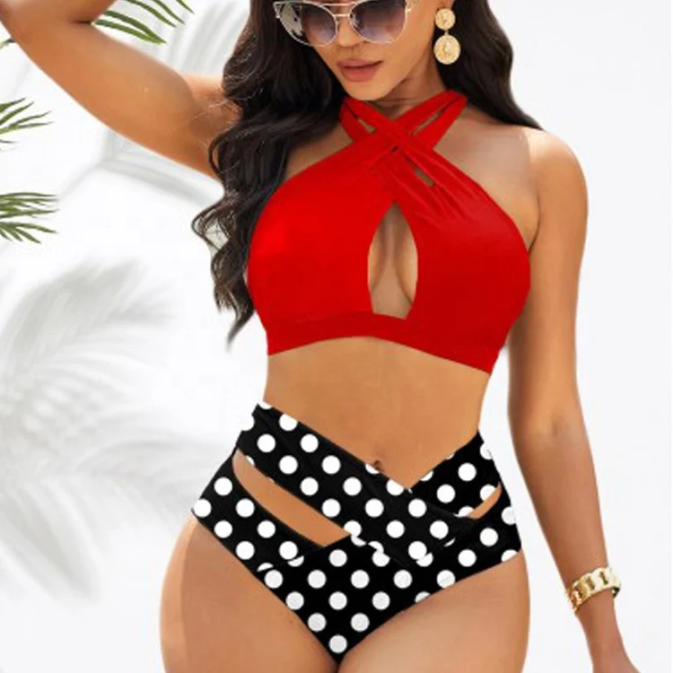 

White Dots Patchwork Cross Ladies Sexy Swimsuit Extreme Micro Mini Bikinis Beachwear