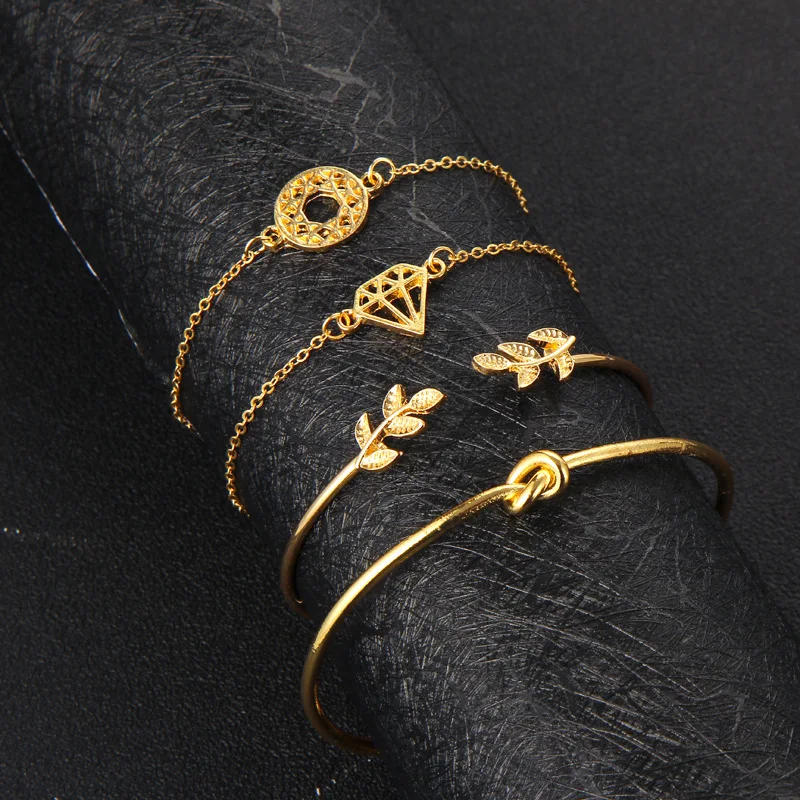 

Hot Sale High Quality Fashion Bracelet Set of 4 PCS Women Simple Gold Plated Jewelry Set Cuff Bracelet Leaves Design New Arrival, Picture
