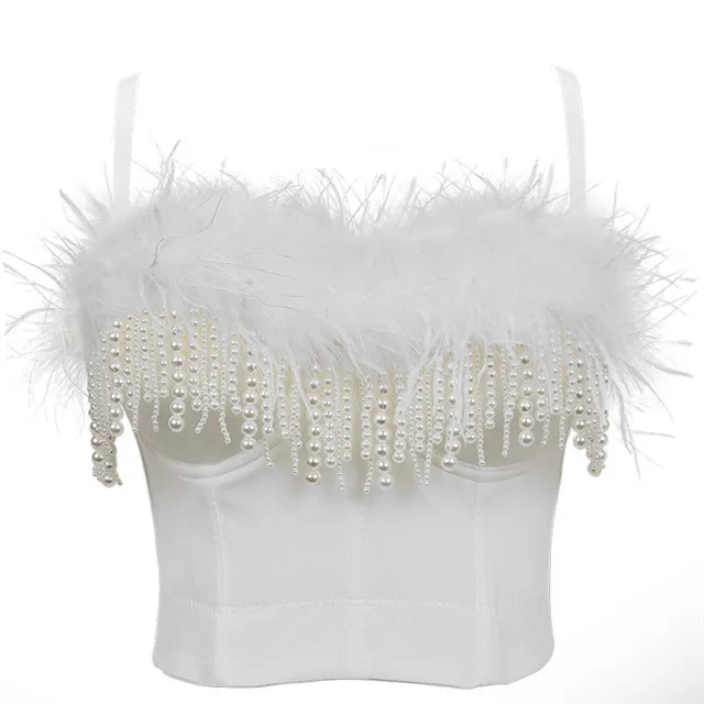

European and American Feather Tube Top Sexy Beauty Back Shoulder Strap Pearl Tassel Wrap Chest Slim Short Stage Costume, Picture color