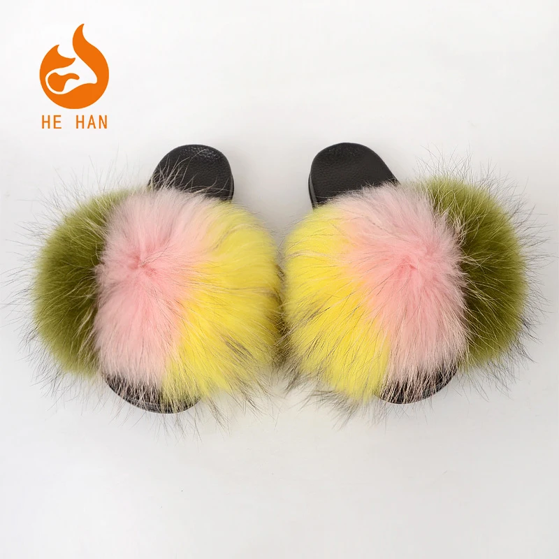 

custom made logo winter slippers more fluffy real raccoon fur slides slippers for women