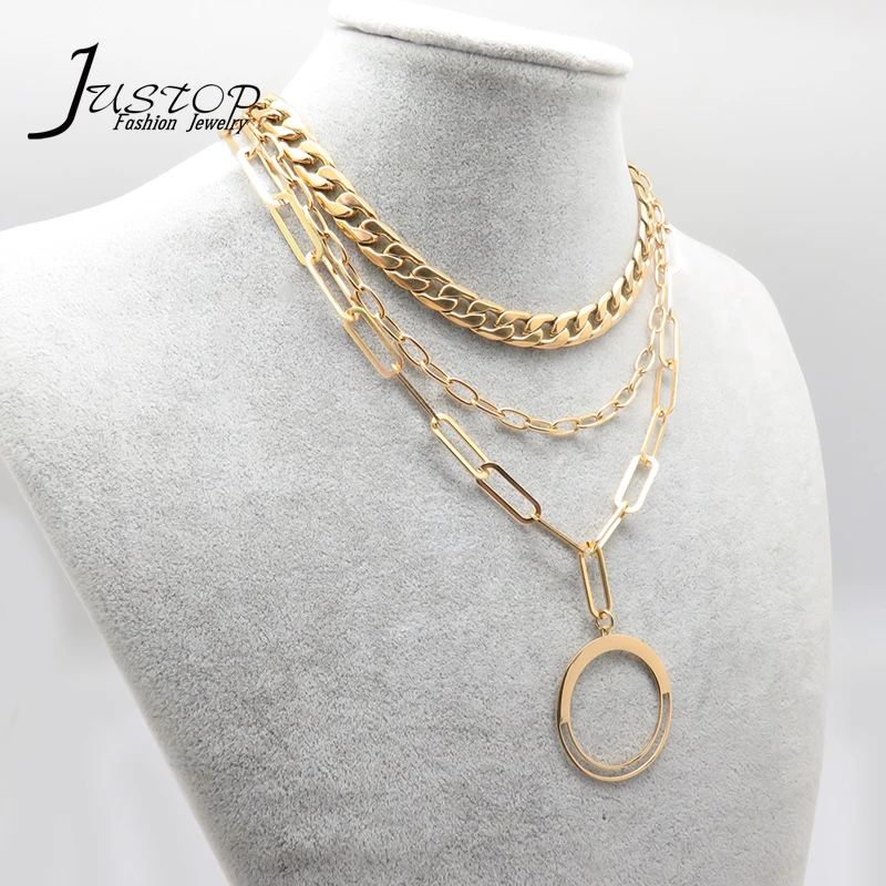 

DIY Jewelry Gold Plated 3 Pieces Cuba Link Chain Pendant Stainless Steel Necklace Set, As picture