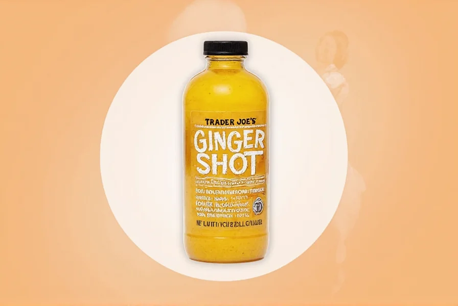 Trader Joe's ginger shot next to common household items showing its compact size and refrigerated storage