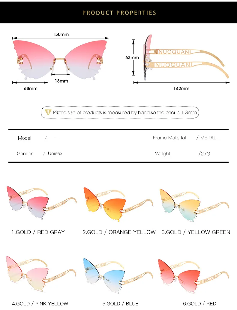2020 Butterfly Rimless Sunglasses Women Luxury Brand Designer Fashion