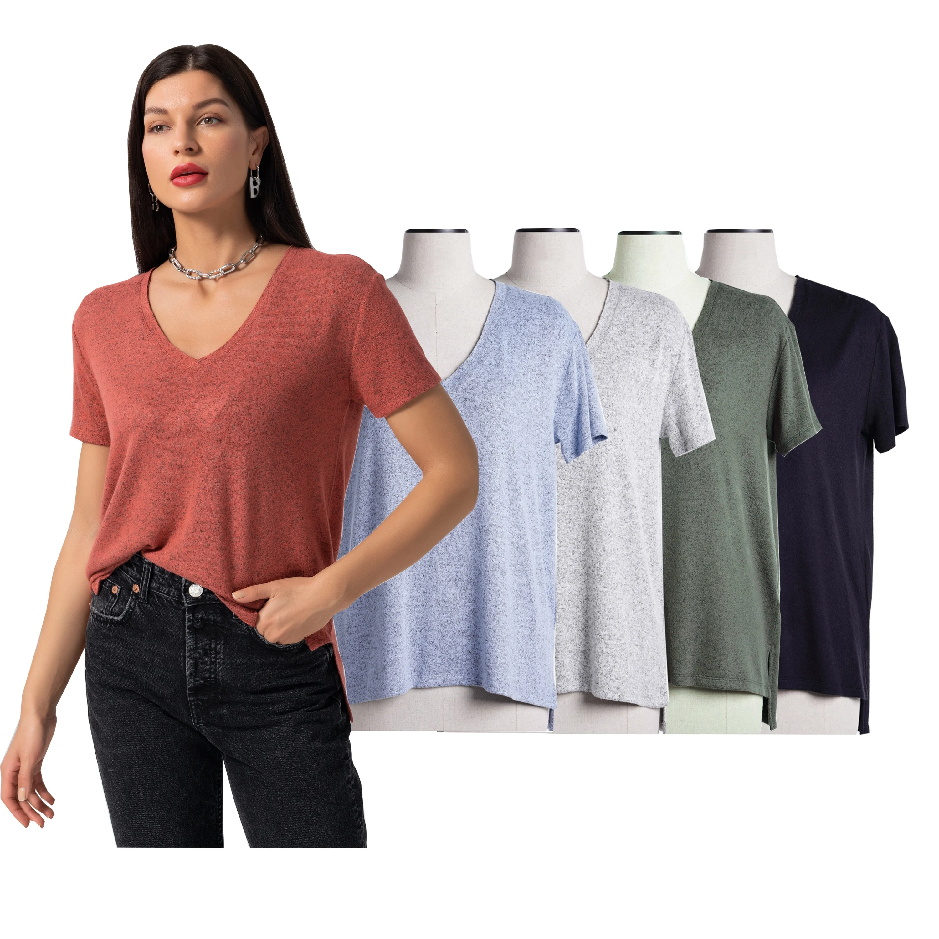 

Ladies Summer Casual Custom Short Sleeve V Neck Double Color Yarn Knit Fitted Polyester Women Stock T Shirts