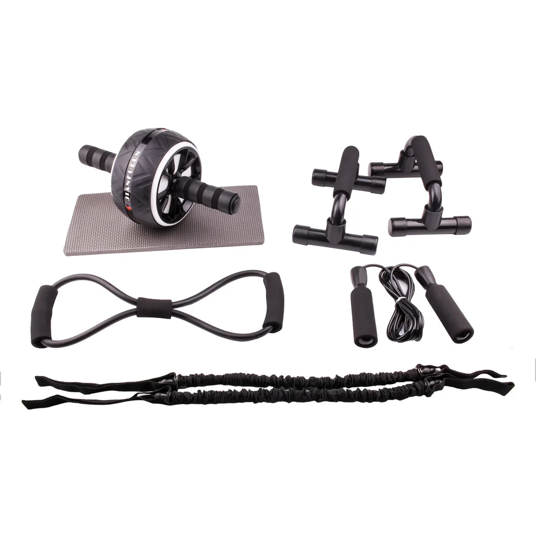 

Multifunctional fitness equipment set abdominal exercise roller gym with bearing jump rope for elastic bands for exercise, Black