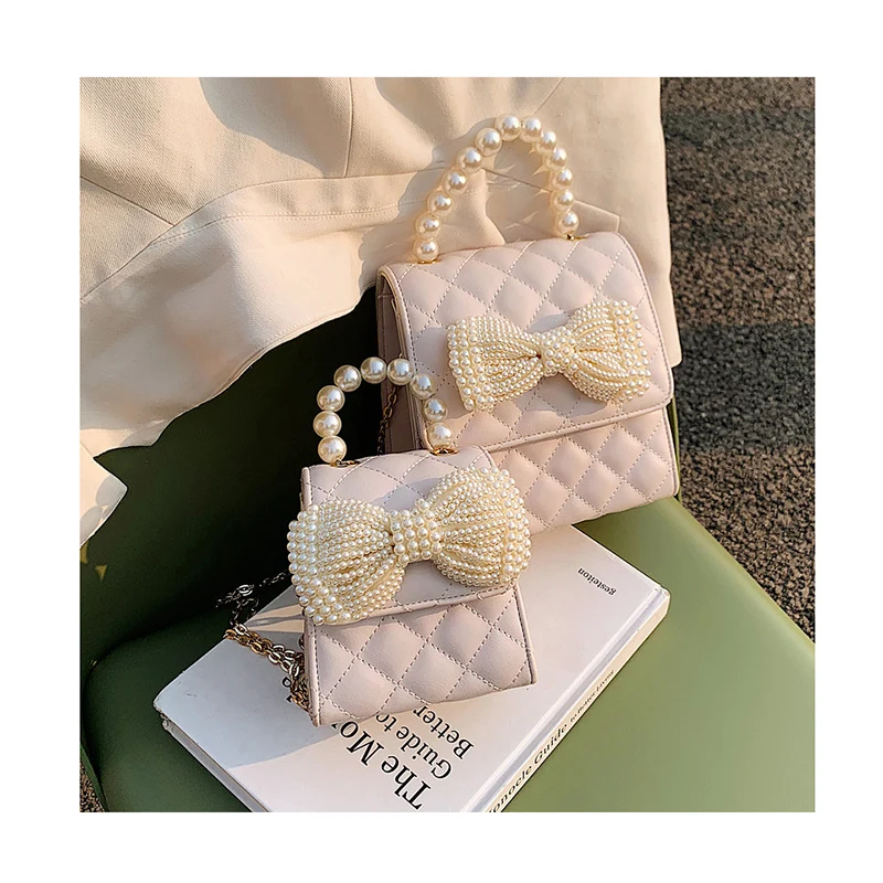 

Girls Sweet Pearl Bow Mini Handbags Designer Diamond Lattice Crossbody Bags Trendy Chain Lipstick Purses Women Coin Key Pouch